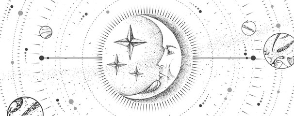 Fototapety  Nowoczesna magiczna karta czarów ze znakiem księżyca astrologii z ludzką twarzą. Realistyczne ręcznie rysunek wektor ilustracja vector