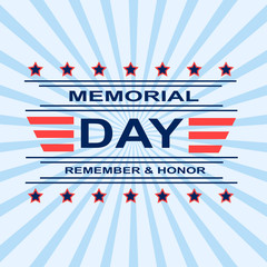 Fototapeta na wymiar Memorial Day background with stars, ribbon and lettering on stripped background. Template for Memorial Day. Vector illustration