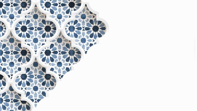 Moving traditional arabic pattern with ornamental geometric stars, arabesque through white decorative mosque window. White background. Ramadan, Eid ul Adha graphic animation, loopable Islamic design.