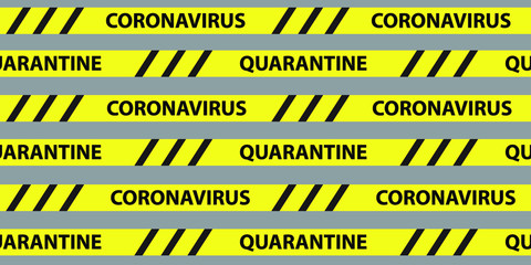 Fototapeta premium Coronavirus seamless pattern with quarantine black and yellow stripes and text on gray background. Covid-19 Novel virus. No Infection and Stop Coronavirus Concept. Vector medical banner, poster design