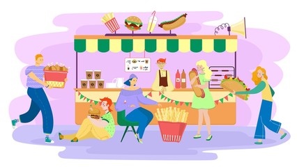 People eating street food, men and women cartoon characters in bistro, vector illustration. Unhealthy meal menu, fast snack service. Hamburger, french fries, chicken drumsticks, hot dog and taco