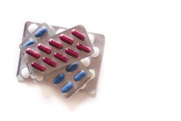 Medical pills isolated on white background. Top view	