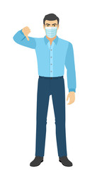The man with medical mask showing thumb down gesture as rejection symbol. Full length portrait of man in a flat style. Vector illustration.