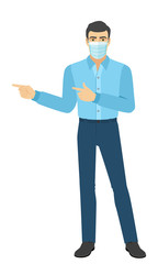 Two index fingers pointing. The man in medical mask showing somewhere. Full length portrait of man in a flat style.