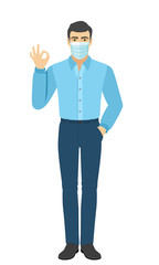 OK! The man in medical mask show a okay hand sign. Full length portrait of man in a flat style.