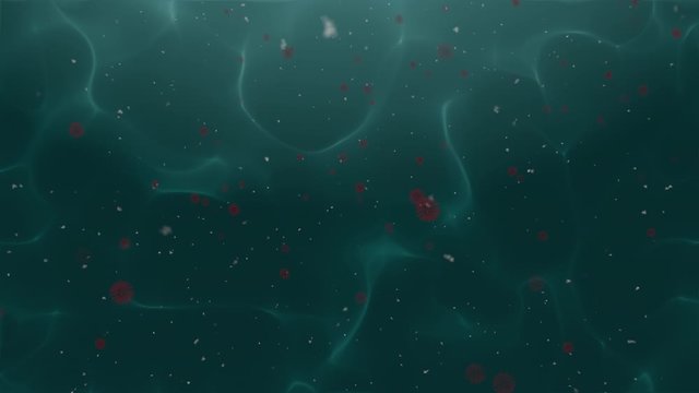 Contaminated water. Biological weapons. COVID-19. Flying virus in water. Particles of dust and coronavirus.  Respiratory syndrome coronavirus SARS-CoV-2. Epidemia, chaos concept. Covid19 stock footage