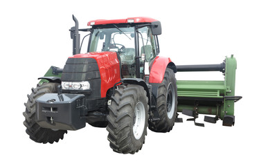 Abstract powerful new tractor with agricultural equipment isolated on white background