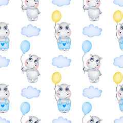 Cute cartoon hippos with balloons seamless pattern