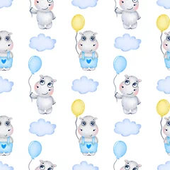 No drill roller blinds Animals with balloon Cute cartoon hippos with balloons seamless pattern