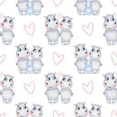 Cute cartoon hippo family with hearts seamless pattern