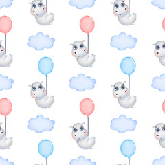 Cute cartoon hippo flying with a balloon among the clouds seamless pattern