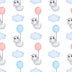 Wall murals Animals with balloon Cute cartoon hippo flying with a balloon among the clouds seamless pattern