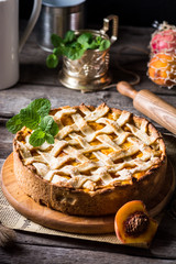 delicious homemade peach tart, made with fresh organic ingredients. Peach pie, fruit tart, apricot pie, fruit dessert. Vegetarian dessert. Vegan food concept, tea party. Galette