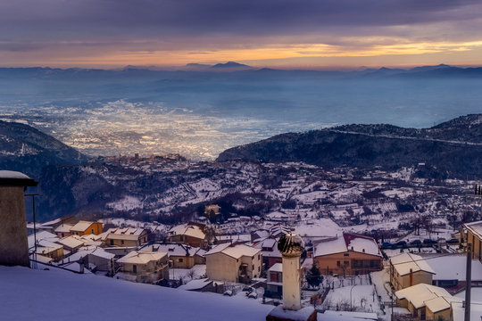 san gregorio matese mountain village with snow at sunset