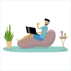Young man in comfortable armchair and working on laptop at home.Cartoon Flat Vector Illustration.