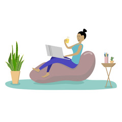 Young woman in comfortable armchair and working on laptop at home.Cartoon Flat Vector Illustration.