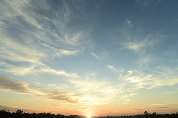 Panoramic of breathtaking sunset, beautifull sky clouds background