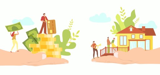 Fototapeta na wymiar Real estate mortgage concept, tiny people buy new house, hand holding money, vector illustration. Cartoon characters, property bank loan. Agent offers residential cottage, rent agreement contract