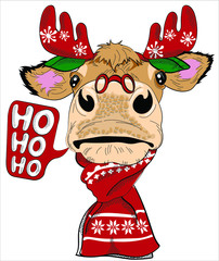 Cute cow in  deer horns and glasses. Bull with symbol 2021 happy New Year. Ho ho ho - lettering. Humor card, t-shirt design composition, hand drawn style