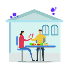 Covid-19 social distancing vector concept: self-quarantine happy couple figures having healthy food inside a house surrounded by CoronaVirus