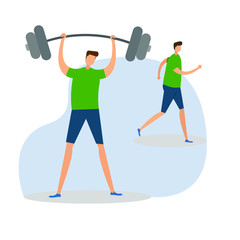 Fototapeta na wymiar Workout vector concept with male figures wearing sportswear while doing weight lifting and jogging, isolated in white background with gray shades