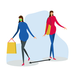 Covid-19 social distancing vector concept: two women figures shopping while following the physical distancing protocol