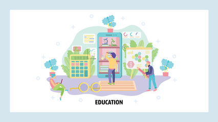 Home education and school classroom. Students in a room studying. Digital school, knowledge, virtual class. Vector web site design template. Landing page website illustration.
