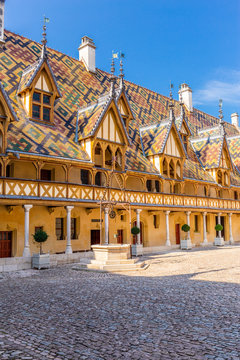19 September 2019. Courtyard of Hotel Dieu or Hospice de Beaune, in Burgundy region, France..