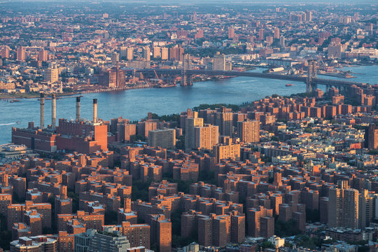 Aerial View Of New York City Showing East Village And Williamsburg Bridge In Manhattan, New York, United States Of America.