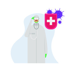 Doctor with hazmat suit and cross shield prevent the coronavirus