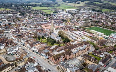 Fototapeta na wymiar Aerial view of attractive market town in the Surry Hills, southern England 