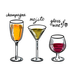 Set of glass glasses with freehand drawn drinks. Elements on the theme of feasts and holidays.