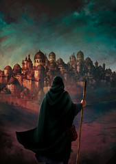 illustration fantasy mage avec bâton et capuche de dos devant ville du désert © nyothep