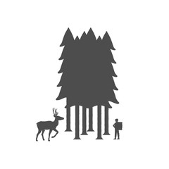 Composition of forest, deer and traveler. Camping emblem. Monochrome silhouette of wild nature. Isolated Vector stock Illustration.