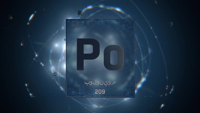 Polonium as Element 84 of the Periodic Table. Seamlessly looping 3D animation on blue illuminated atom design background orbiting electrons name, atomic weight element number in Arabic language