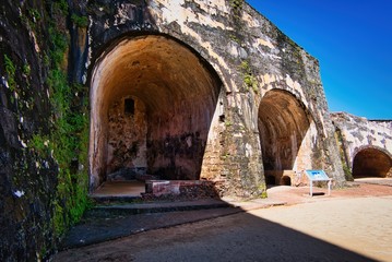 Fototapeta na wymiar Castillo San Felipe del Morro El Morro Sentry Box, San Juan, Puerto Rico. Castillo San Felipe del Morro is designated as UNESCO World Heritage Site since 1983.