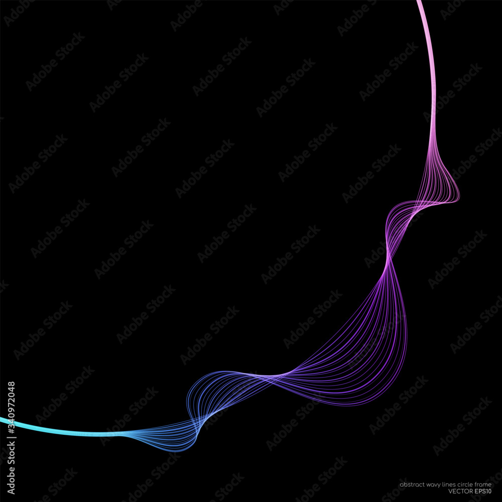 Poster Abstract wavy lines around circle frame by colorful light isolated on black background in concept technology, music, science, modern background.