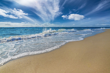 Fototapeta na wymiar Sea beach, sand, blue sky. Marine relaxation landscape and summer vacation concept design