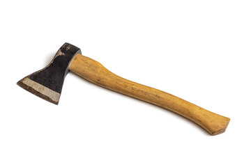 An old axe with a wooden handle, isolated on a white background