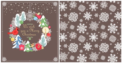 Fototapeta na wymiar Christmas vintage design with craft paper cutting hanging wreath with redbird, angel, gift, candle, jingle bell, gingerbread, snowy trees, poinsettia, baubles and wallpaper with paper handmade snowfla