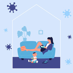 Young woman resting and reading book lying on sofa with playing kid at home during corona virus covid-19 time. Stay at home to prevent coronavirus disease, quarantine self isolation vector concept.