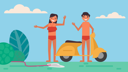 Clear motorbike Lover's hobbies activities couples spend together on summer ,holidays, Time with loved ones Happiness No place like home concept,Colorful vector illustration in flat cartoon style.