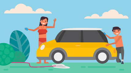 Car wash Lover's hobbies activities couples spend together on summer ,holidays, Time with loved ones Happiness No place like home concept,Colorful vector illustration in flat cartoon style.