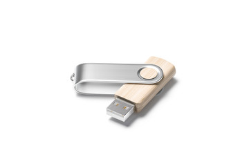 Blank wood opened usb stick with silver cap mockup