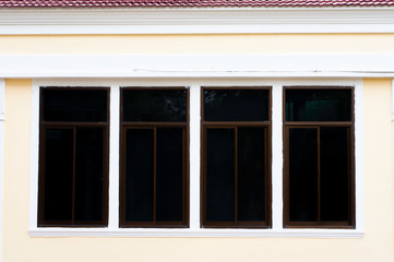 4 black vintage building windows classic style, portrait rectangle windows with black film exteriro decoration.