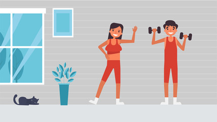 Exercise couple hobbies activities couples spend together on summer ,holidays, Time with loved ones Happiness No place like home concept,Colorful vector illustration in flat cartoon style.