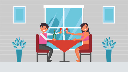 Candlelight dinner Lover's hobbies activities couples spend together on summer ,holidays, Time with loved ones Happiness No place like home concept,Colorful vector illustration in flat cartoon style.