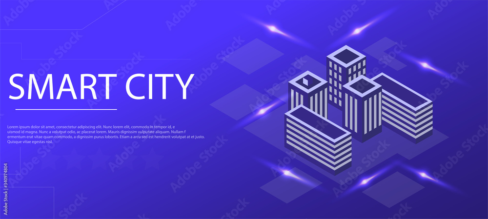Poster smart city or smart building isometric concept. building automation with computer networks illustrat