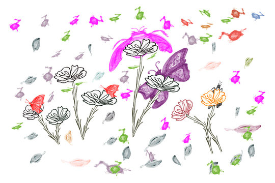 floral background with flowers and butterflies