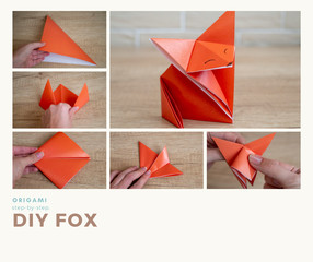Step-by-step photo guide on how to make fox using origami technique. DIY concept